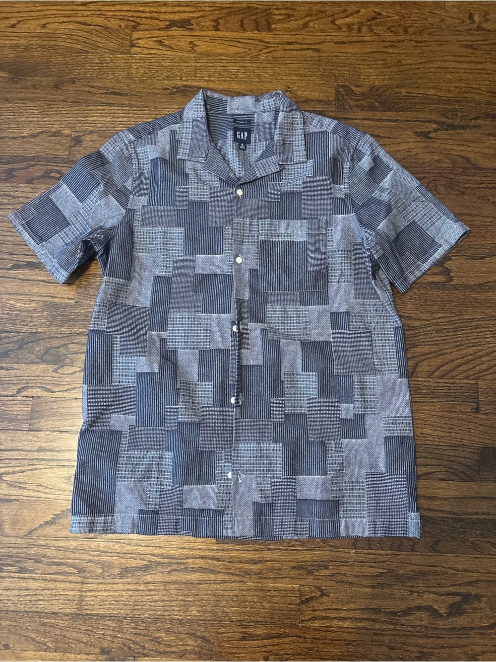 Gap Navy Patchwork Coastal Nautical Cotton Button Down Size Medium TALL